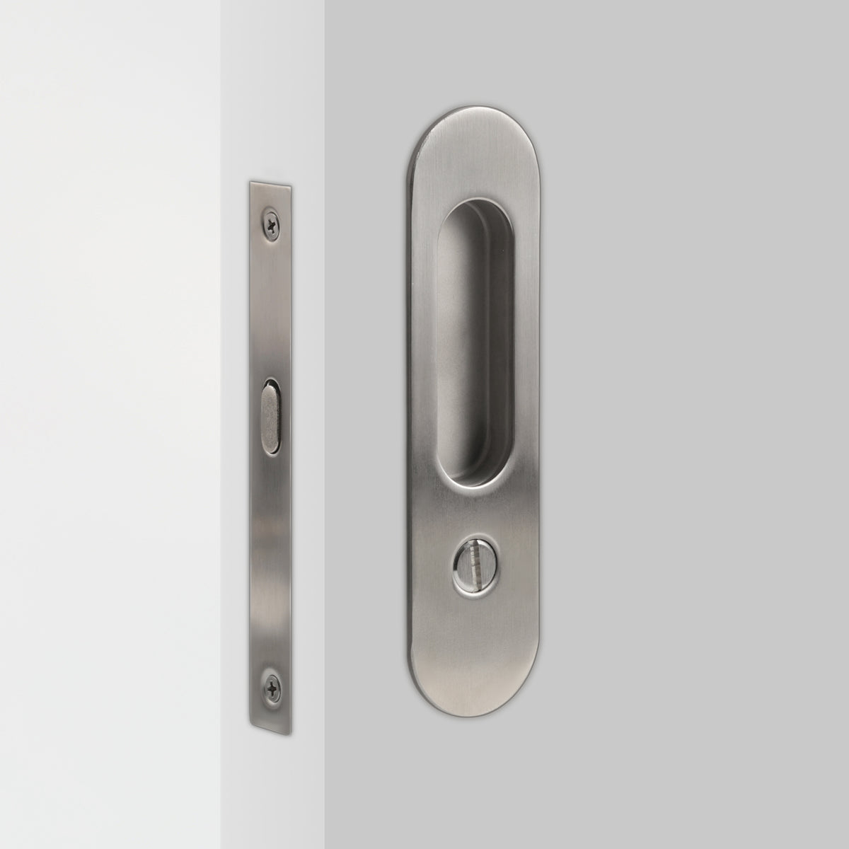 Nova Sliding Door Set in Matte Satin Nickel, installed
