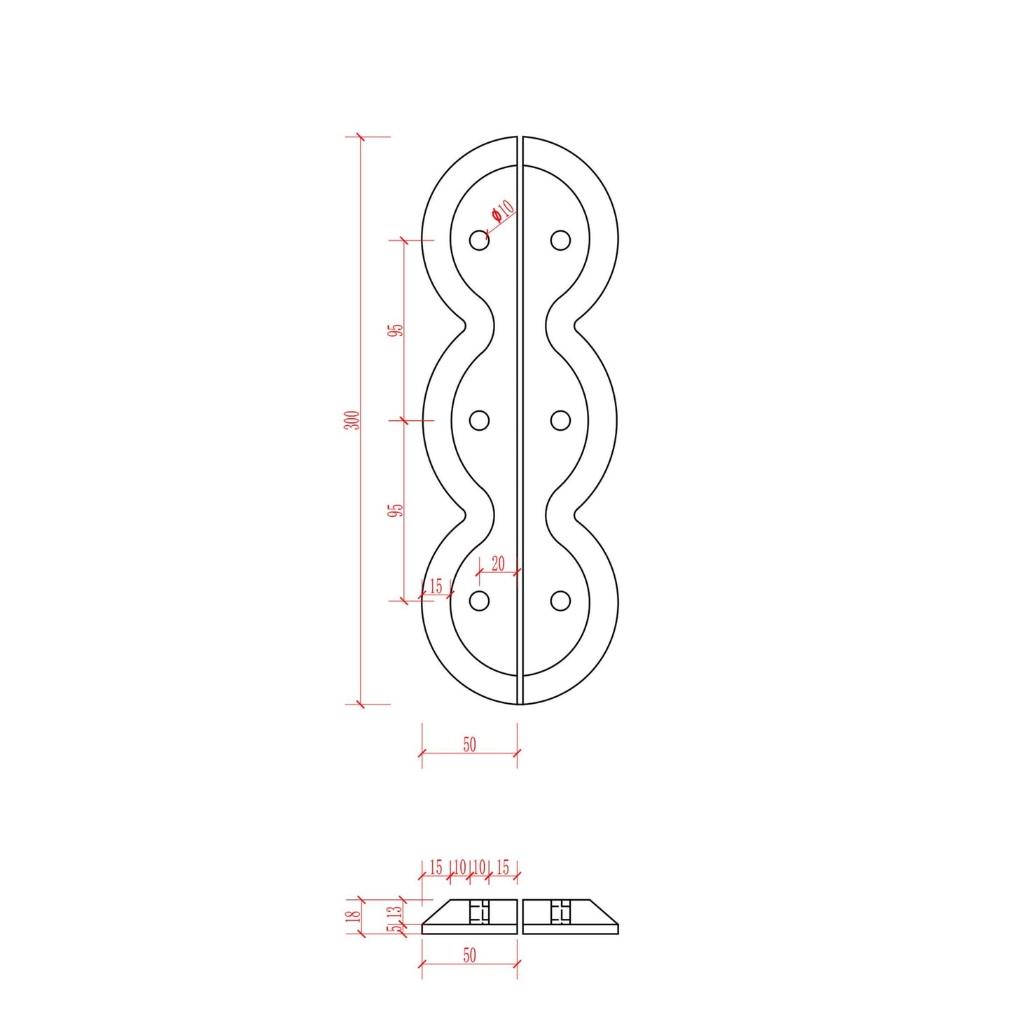 Technical drawing of a metal bracket with dimensions on a white background