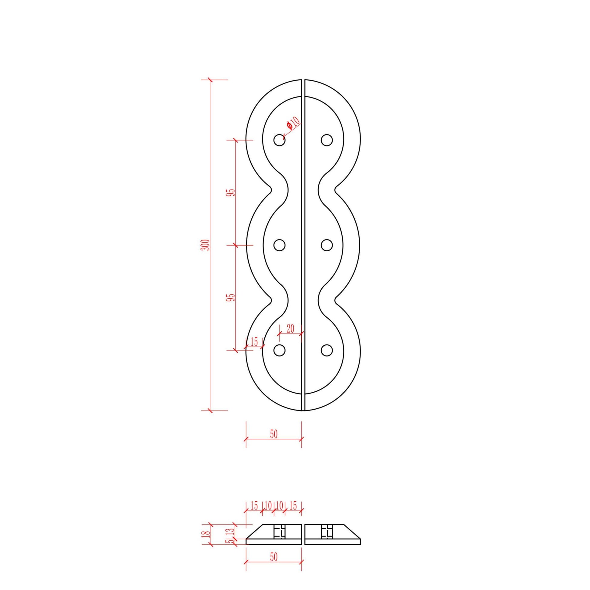 Technical drawing of a metal bracket with dimensions on a white background