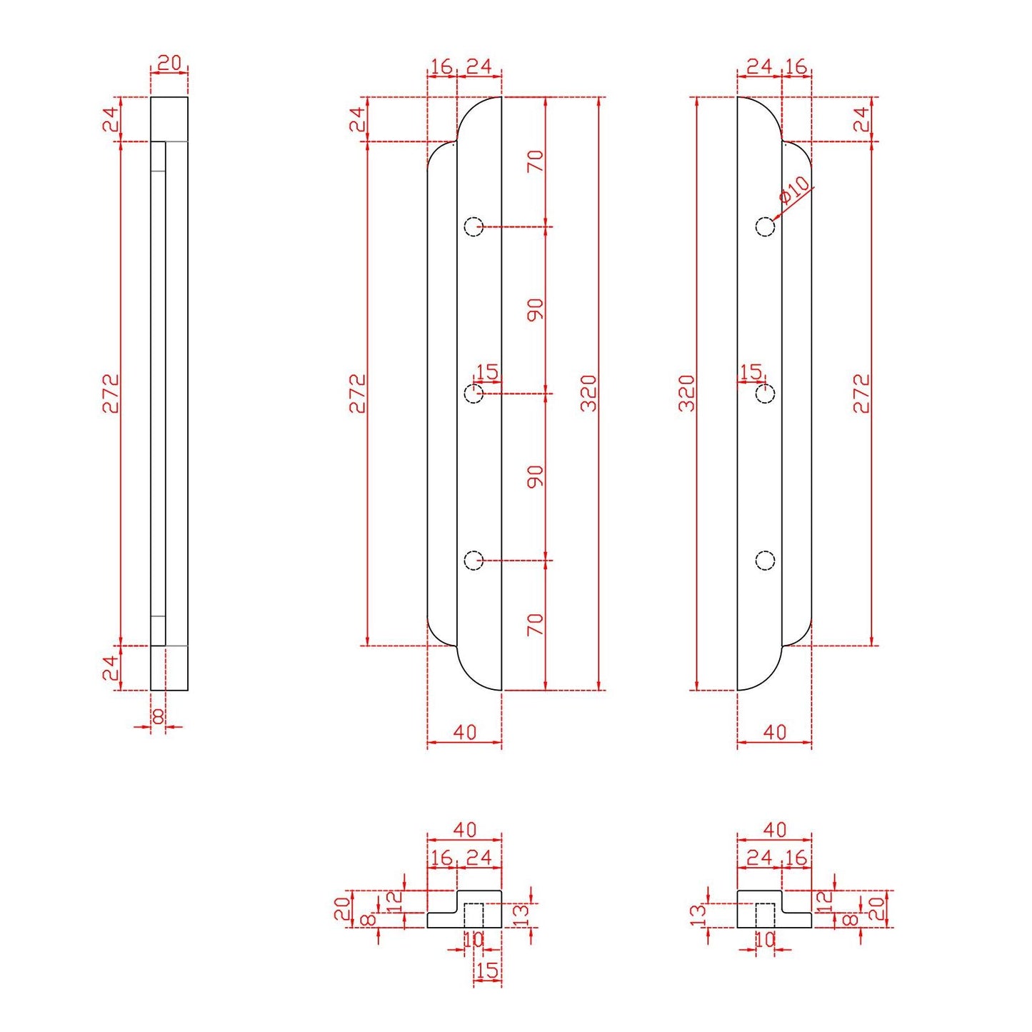 Technical drawing of a rectangular object with dimensions