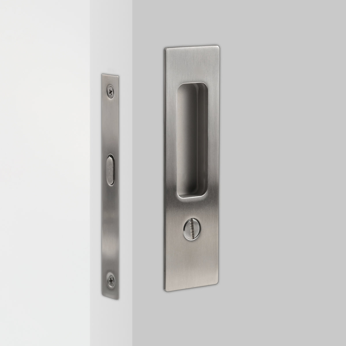 Aria Sliding Door Set in Matte Satin Nickel, installed