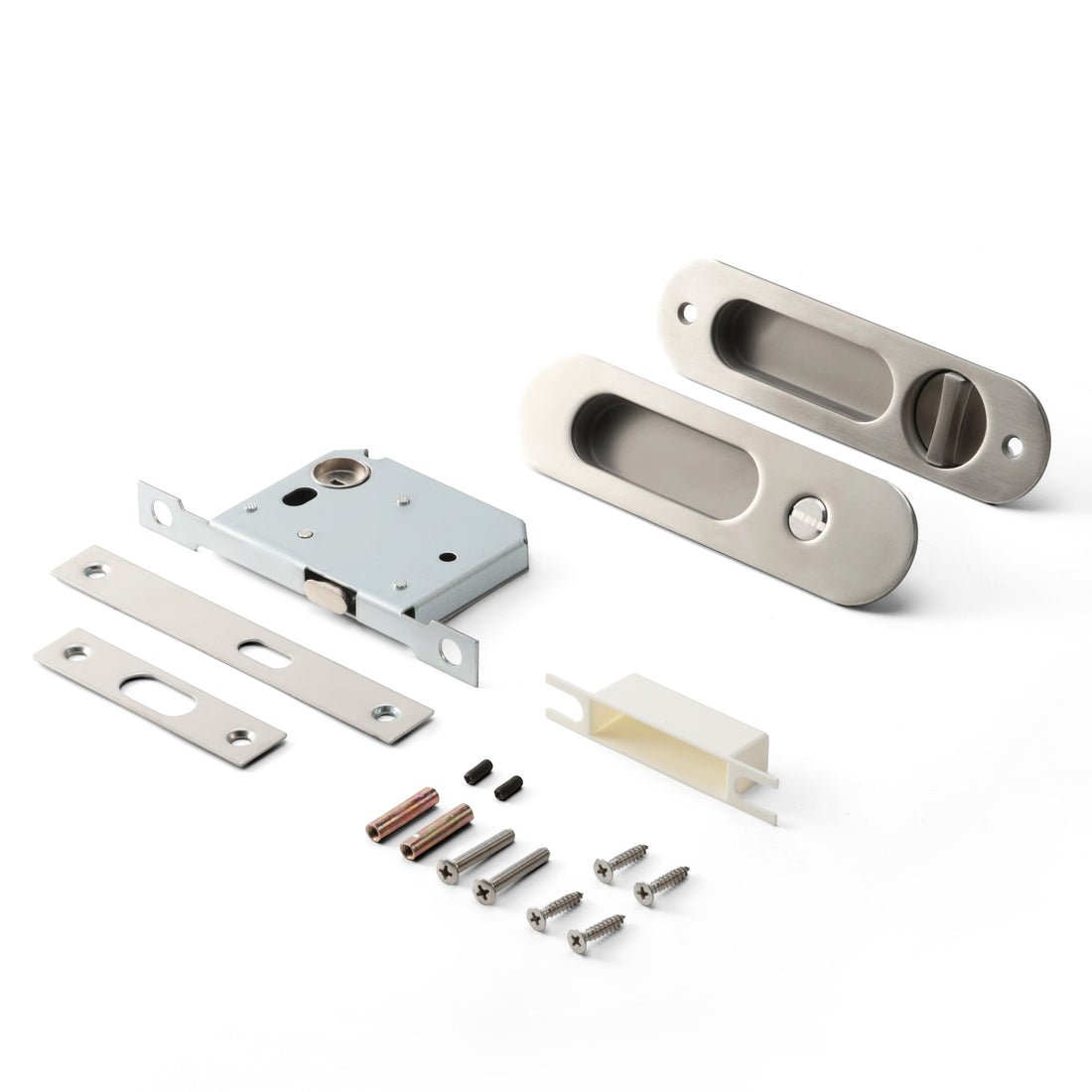 Nova Sliding Door Set in Matte Satin Nickel, full kit