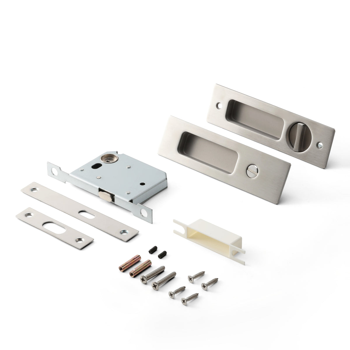Aria Sliding Door Set in Matte Satin Nickel, full kit
