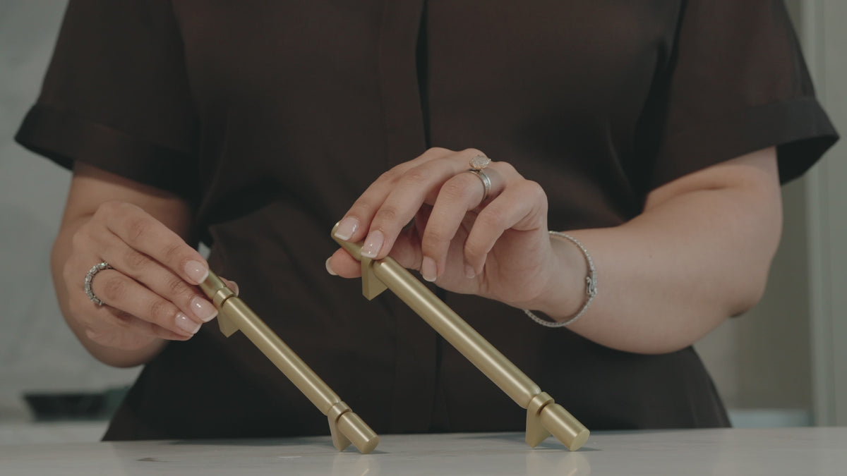 Shift Handle in Satin Brass: the standard 12mm bar next to the thicker 14mm bar